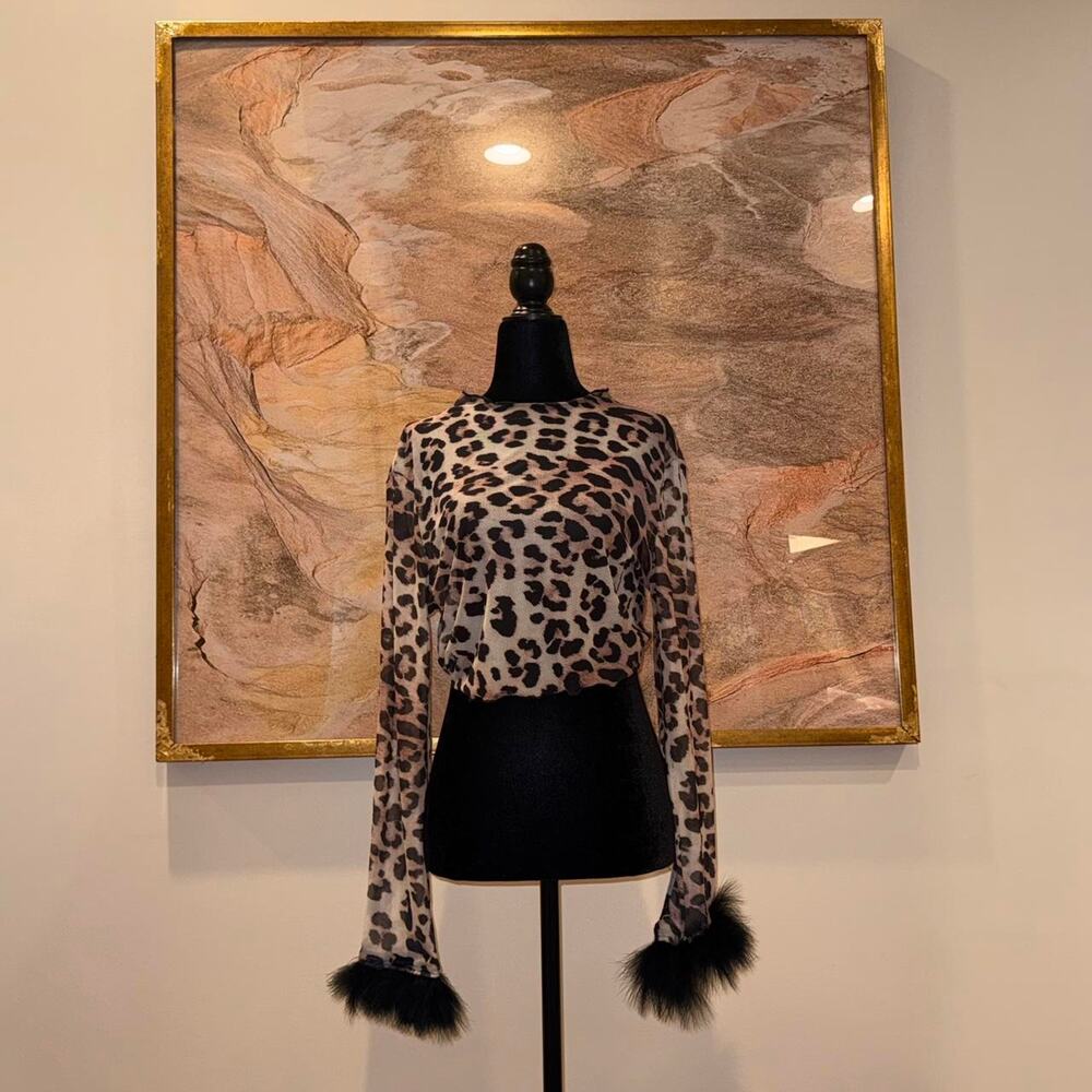 Leopard mesh top with faux Fur Cuffs